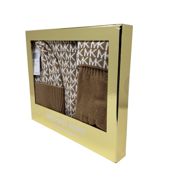 Michael Kors Women's 3 Piece Set Scarf Hat and Gloves Set Camel/Derby Grey - Picture 5 of 6